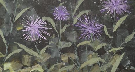 A painting of purple flowers.