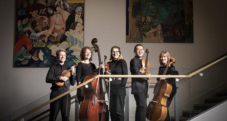 A group of orchestral musicians holding their instruments and standing in a line on a staircase.