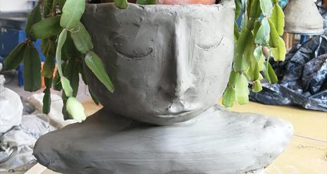 A ceramic planter made to look like a resting face, with a plant of hanging green leaves that resemble it's hair.
