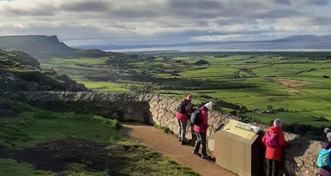 a group of walkers peer over a stone wall