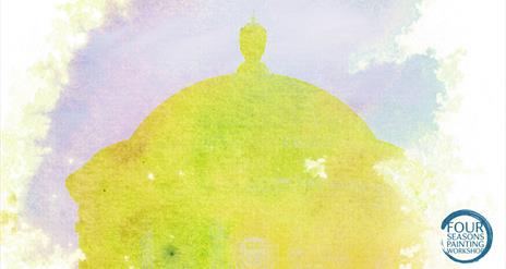 An edited image which features the dome of Mussenden Temple in the style of a colourful painting.
