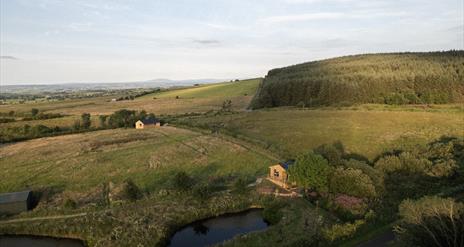 Aerial image of The Bothans - two cabins and a lake on a forest edge.