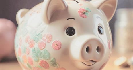 A ceramic piggy bank decorated with small flower engravings.