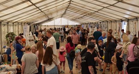 crowds browsing through an indoor market with various stalls at the Ballymoney Show