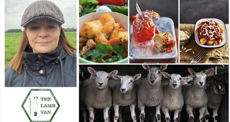 Image shows a woman wearing a black coat and a grey flat cap, a group of six sheep and three small photos of food