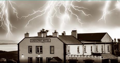 edited image of the Causeway Hotel with lightning forks in the sky above