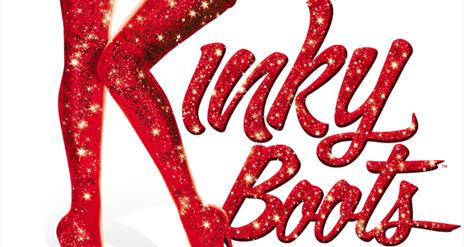 Image shows the words 'Kinky Boots' in red glitter. The letter 'K' is shown as a pair of legs wearing high heel shoes