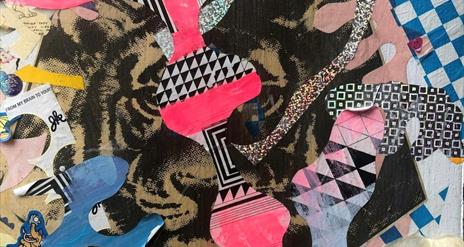 A colourful mixed media collage piece of artwork