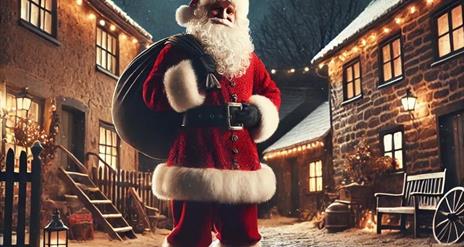 Santa stands on a cobbled street at night, with a light dusting of snow on the ground and a string of fairy lights draped between cosy houses