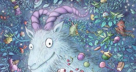 An illustration from The Pooka Party,  featuring the titular goat-like creature and a bowl of cupcakes.