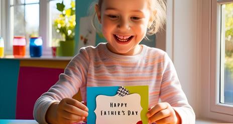 A young girl beams at her handmade father's day card.