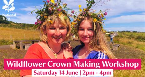 A mother and daughter wearing colourful, vibrant wildflower crowns