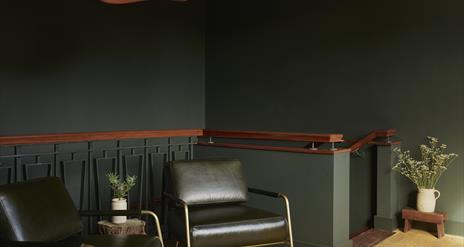 interior of Yarn: 2 lounge chairs and walls painted a dark green