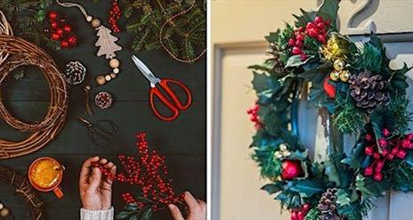 Image shows a lady's hand with wreath making supplies on a table and a wreath hanging on a door