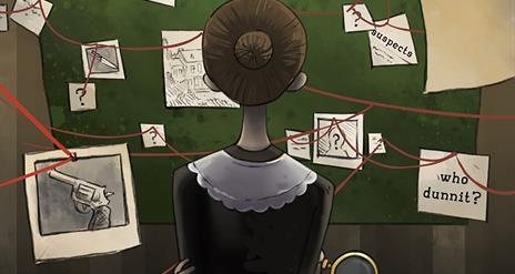 illustrated image of a maid looking at an evidence board