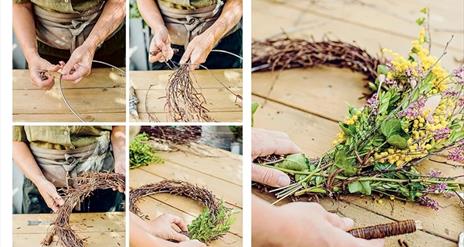 A collage demonstrating the steps of wreathmaking, starting with a metal ring at the centre and adding more to it over time.