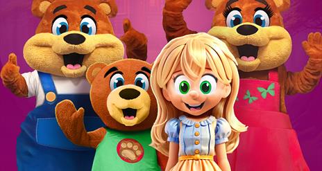 Graphic showing image of 3 characters in bear costumers and 1 in a goldilocks costume, smiling and waving.