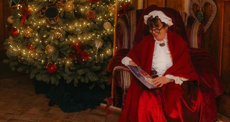 Mrs Claus sits in an armchair by the Christmas tree