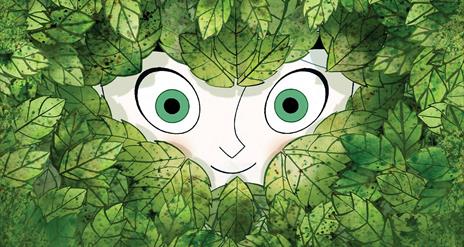 Cartoon image of a young boys face surrounded by leaves.