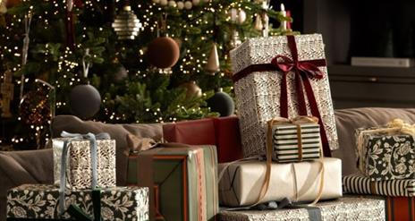 Wrapped presents near the Christmas tree