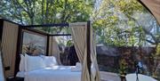 view of 4 poster king size bed with direct views of the tree line