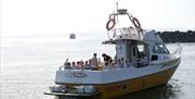 people on a yellow and white boat wave to the camera