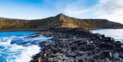 The basalt stones at the giants causeway stretch into the sea