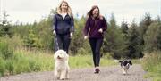 Two walkers with dogs on leads on one of the trails at Garvagh Forest