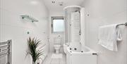 Photograph of bathroom with shower over the bath, the bath has jets.