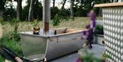 A view of the hot tub and cold plunge with trees in the background