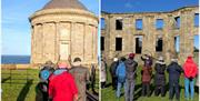 Two side-by-side outdoor scenes.  On the left, a small group of people in coats stand on a grassy area facing Mussenden Temple.  On the right, a large