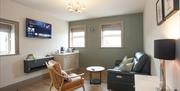 The Basalt sitting area with green feature wall, 3 small windows, grey leather settee and a light wood/leather armchair with slatted back and 2 loose