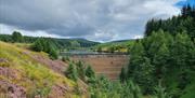 A dam with surrounded by tree lined hills
