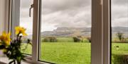 View through a window with yellow flowers in a vase looking out at green pastures and Binevenagh Mountain in Northern Ireland.
