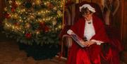 Mrs Claus sits in an armchair by the Christmas tree