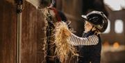 Image of a small girl with a black helmet feeding hay to a white horse behind a stable door