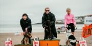 3 race contestants with their dogs on the winner's podium