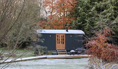 Curlew Hut after a light snow, with beech trees in autumn colour