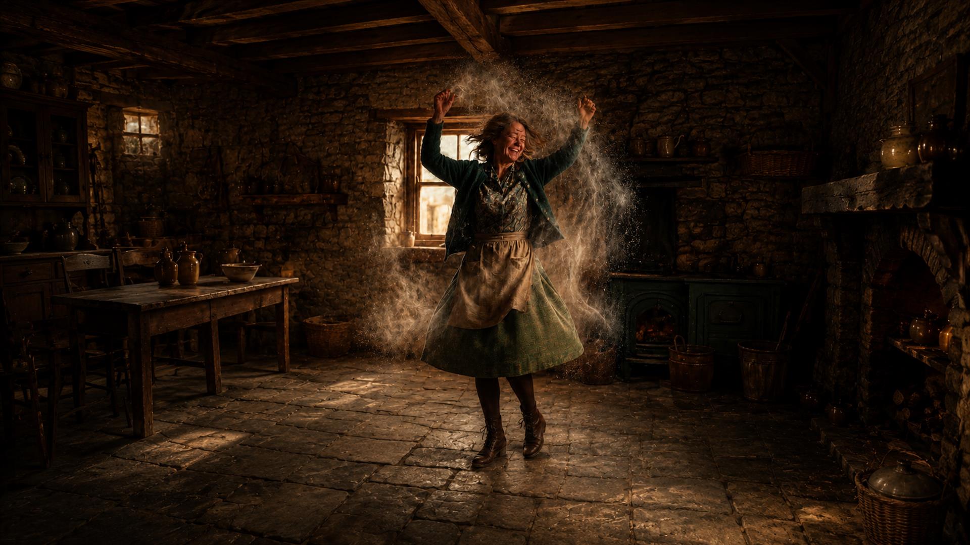 a woman dancing in a cottage a woman dancing in a cottage