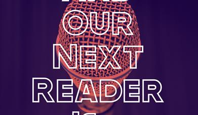 navy background with a red micophone in the middle and white text over the top which reads 'and our next reader is'