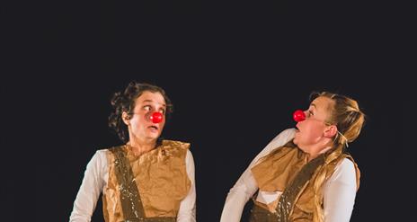 Two women with red clown noses standing in a cardboard box with shocked expressions. Wearing outfits made from brown paper and parcel tape.