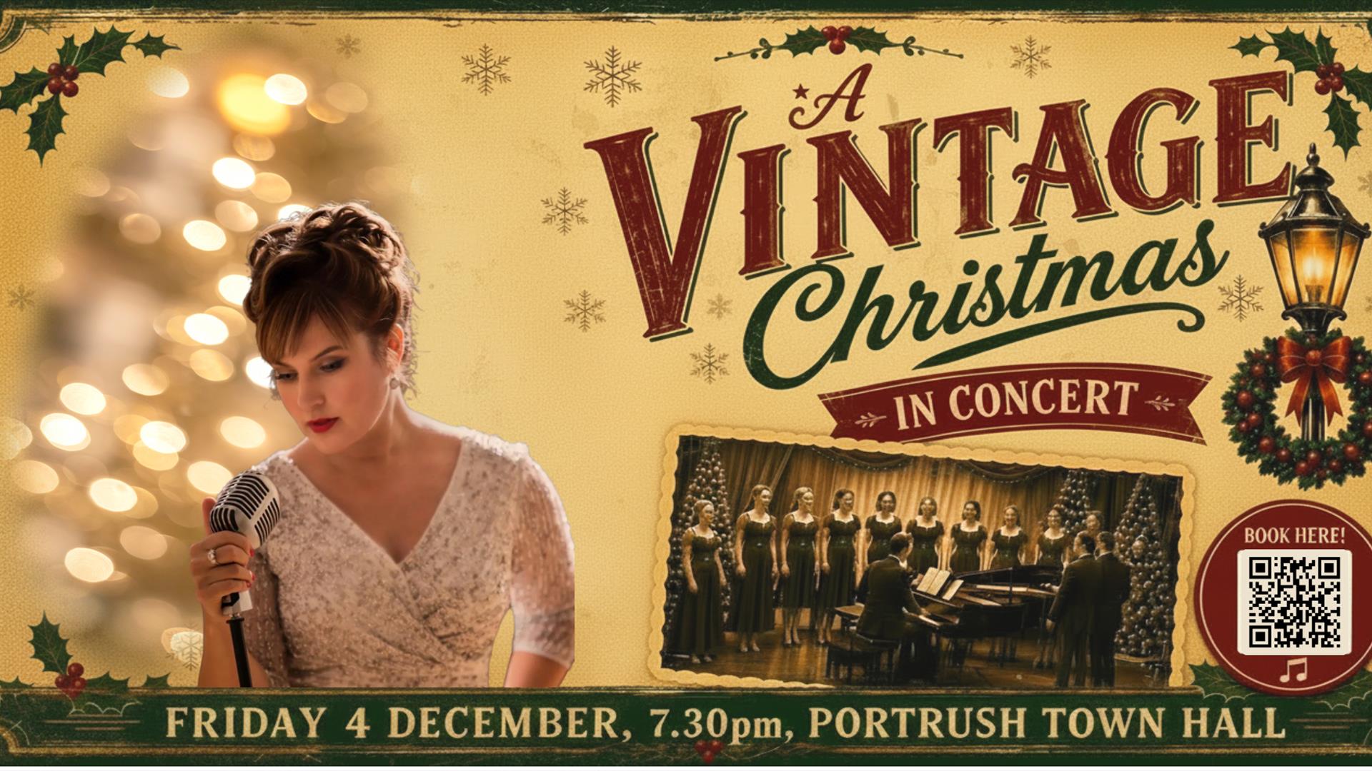 an event poster for 'A Vintage Christmas in Concert'. It features an image of singer Michelle Baird standing with a microphone with twinkling lights b an event poster for 'A Vintage Christmas in Concert'. It features an image of singer Michelle Baird standing with a microphone with twinkling lights b
