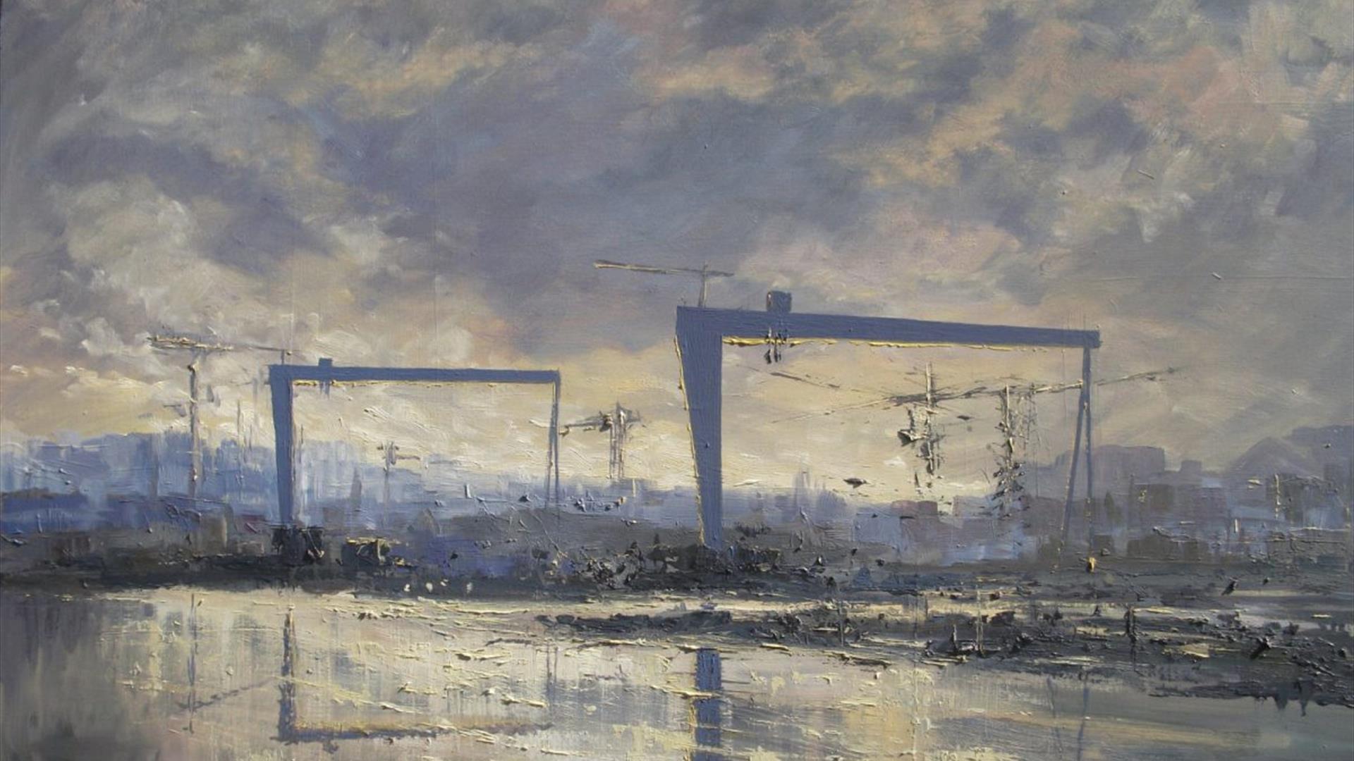 artist Hugh McElwee's painting of the Harland & Wolff cranes in Belfast, Northern Ireland artist Hugh McElwee's painting of the Harland & Wolff cranes in Belfast, Northern Ireland