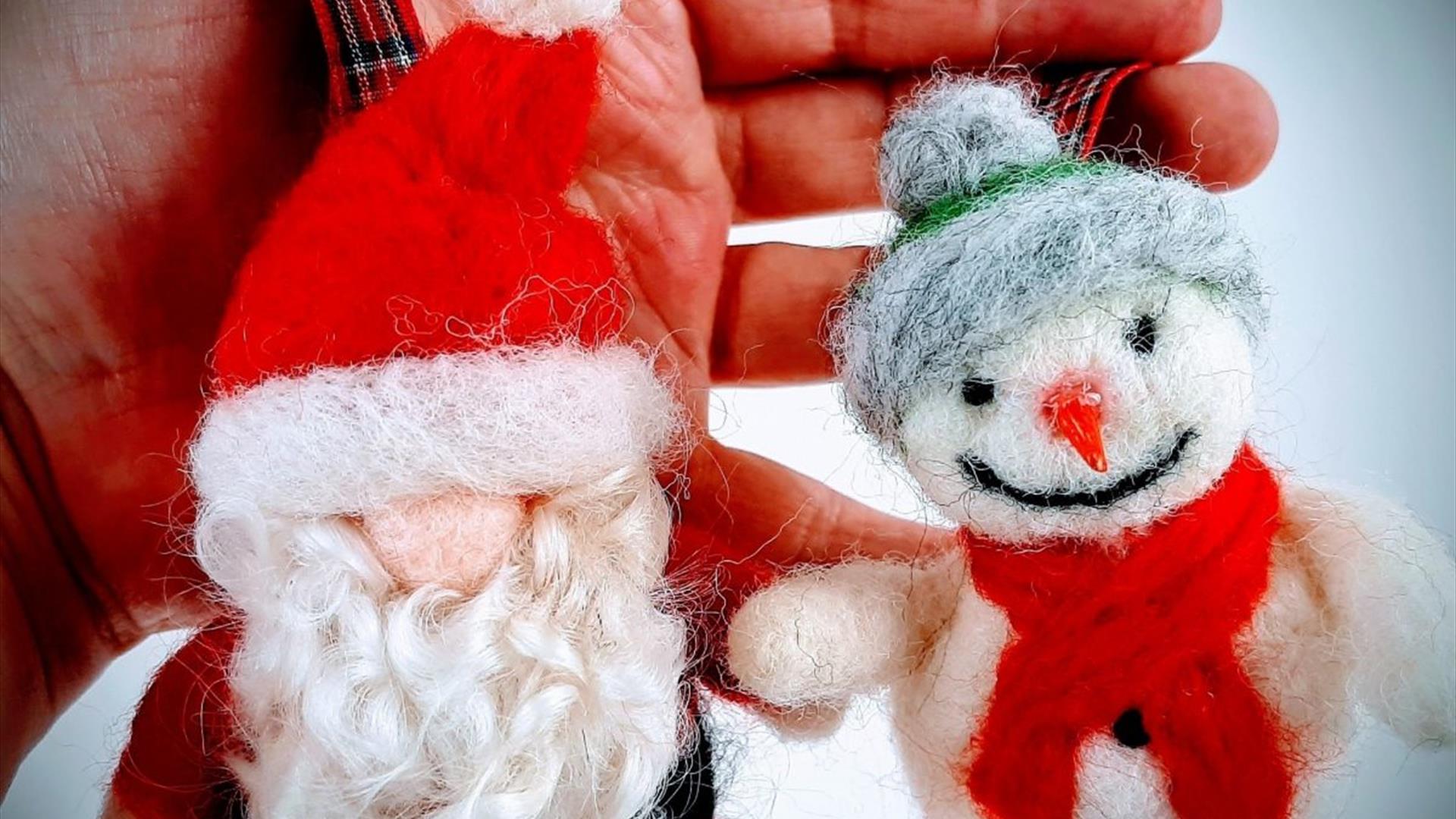 Santa and Snowman Christmas tree decorations made from 3D needle felting
