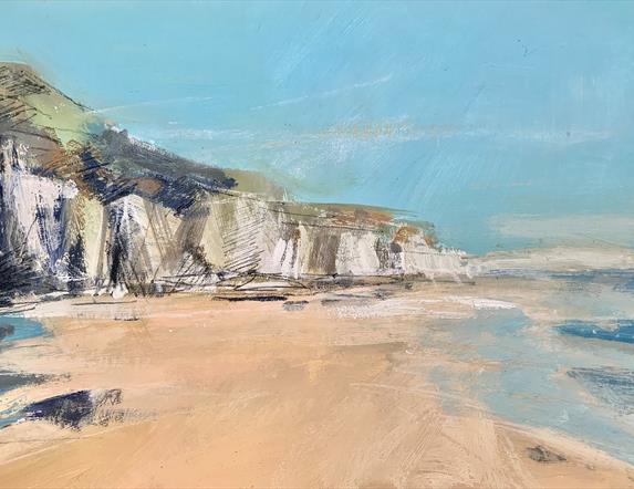 Image shows a painting of white cliffs with a blue sky above and sea below