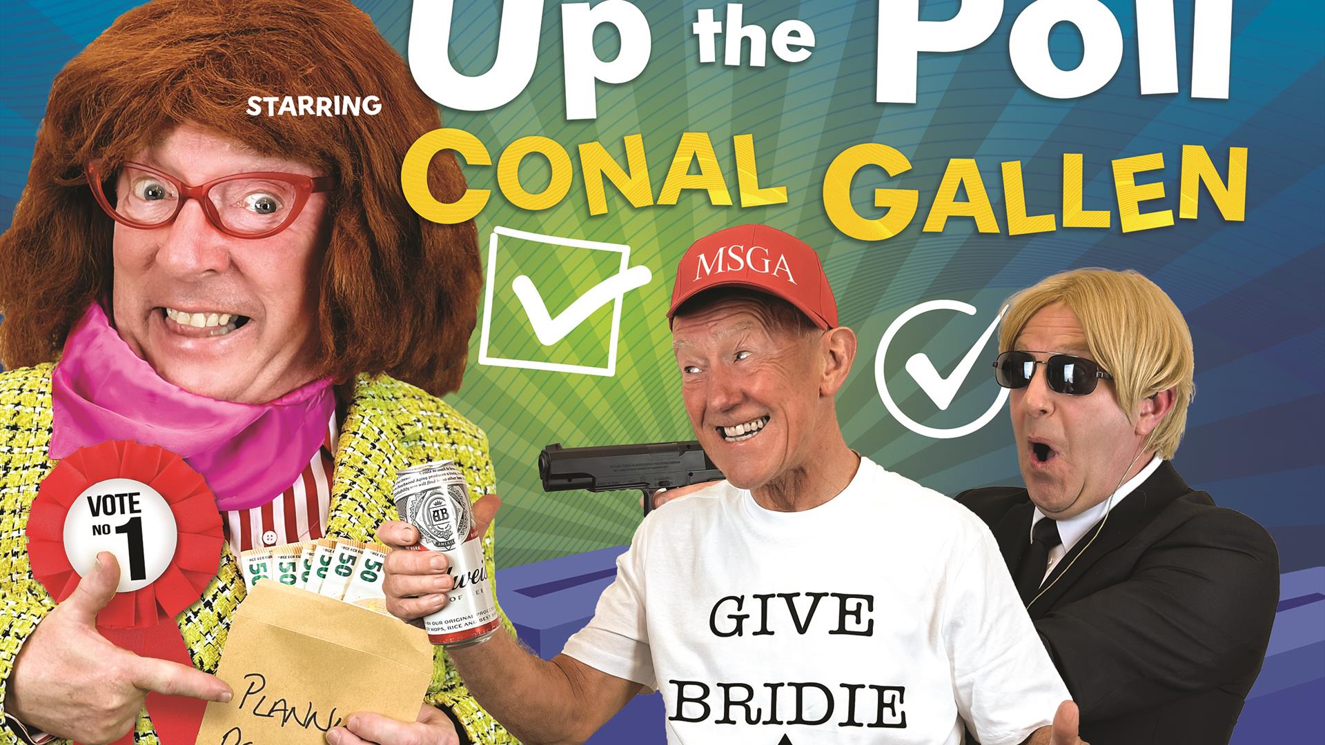 Three images of Conal Gallen wearing a wig, a hat and sunglasses