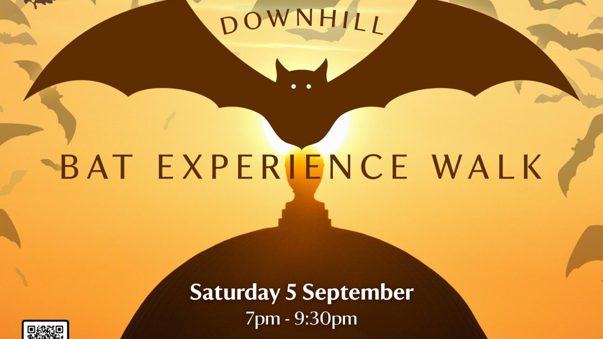 A picture of the top of the iconic Mussenden Temple at sunset, with graphics of bats flying overhead, with text that states, 'Downhill Bat Experience A picture of the top of the iconic Mussenden Temple at sunset, with graphics of bats flying overhead, with text that states, 'Downhill Bat Experience