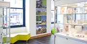 Retail area with stock in glass display cabinets, white walls showing local photographs, windows with blue frames and a green sofa