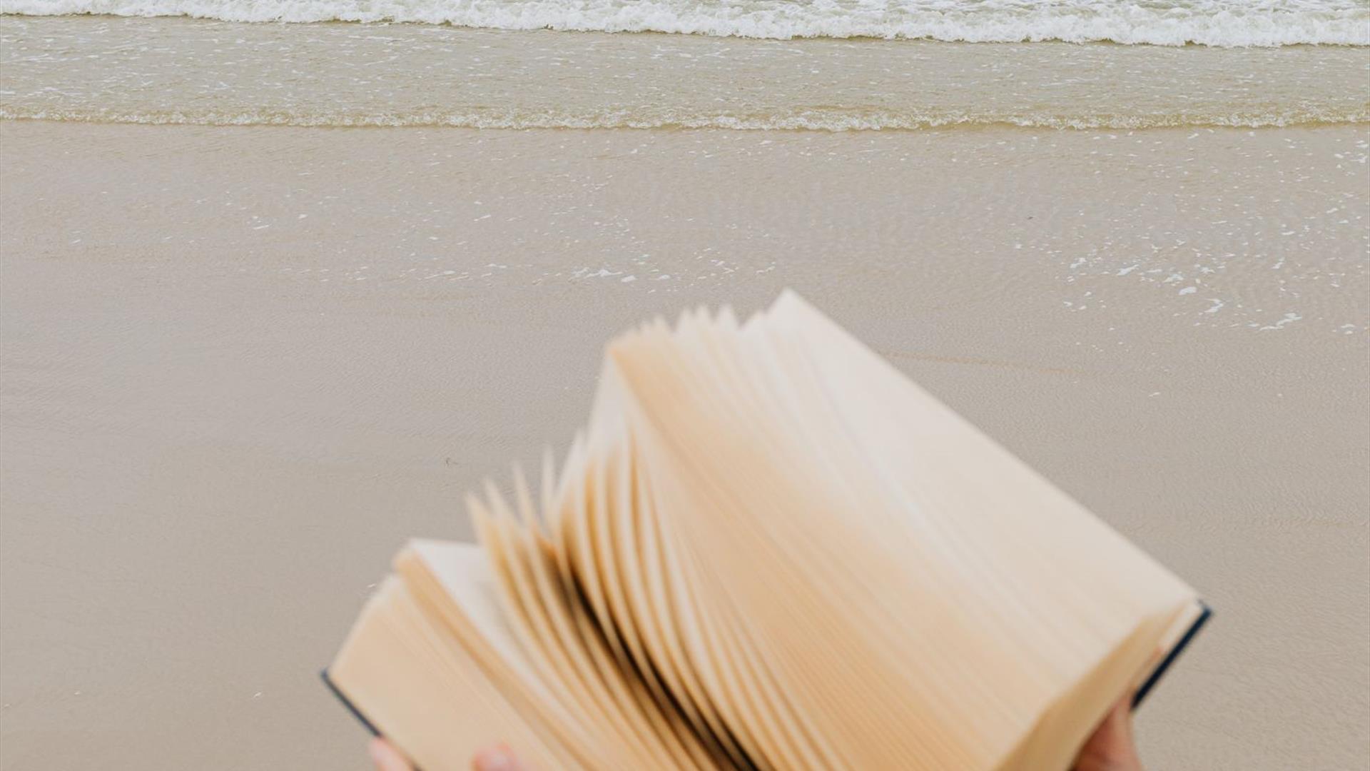 Close up image of hands holding a book with the sea and sand behind them,.
