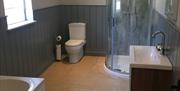 bathroom with shower toilet hand basin and view of end of bath.